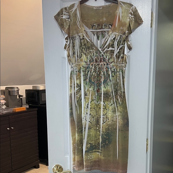 ONE WORLD Artistic Green and Brown Midi Dress - Picture 1 of 6